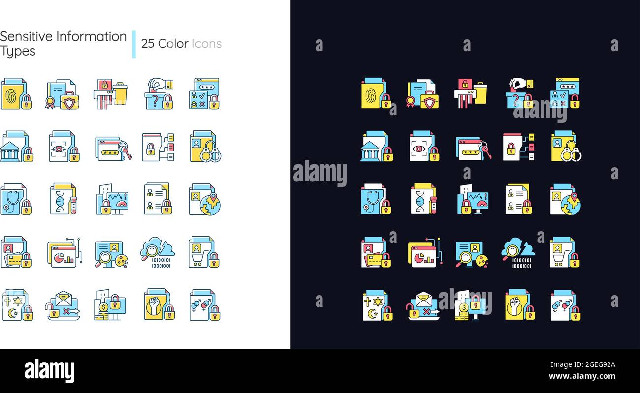 Sensitive information types light and dark theme RGB color icons set ...
