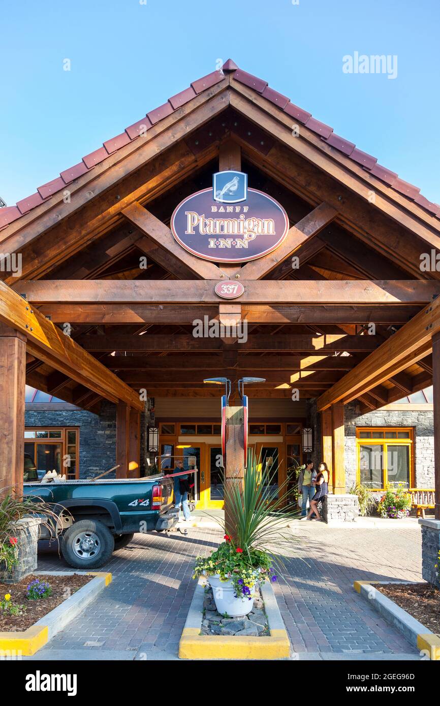 View of the entrance to Ptarmigan Inn on Banff avenue in Banff. Stock Photo