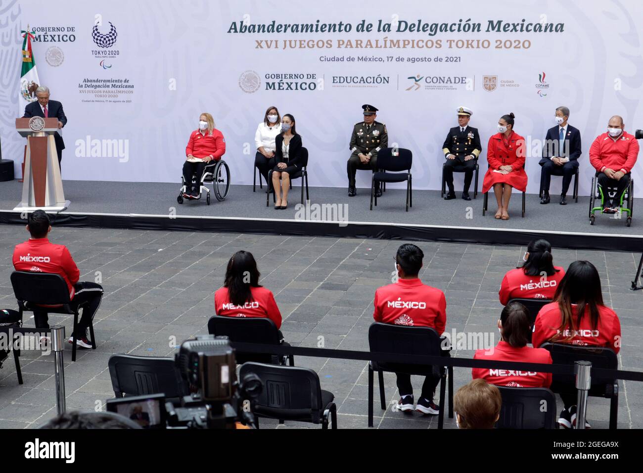 MEXICO CITY, MEXICO - AUGUST 17: Mexican President Andres Manuel Lopez Obrador, speaks, accompanied by Mexico City Mayor Claudia Sheinbaum, Director of the National Commission for Physical Culture and Sport Ana Gabriela Guevara and ambassador of Japan in Mexico, Yasushi Takase during  a ceremony   with Mexico's athletes heading to the Tokyo 2020 Paralympic Games at National Palace on August 17, 2021 in Mexico City, Mexico. Credit: Luis Barron/Eyepix Group/The Photo Access Stock Photo