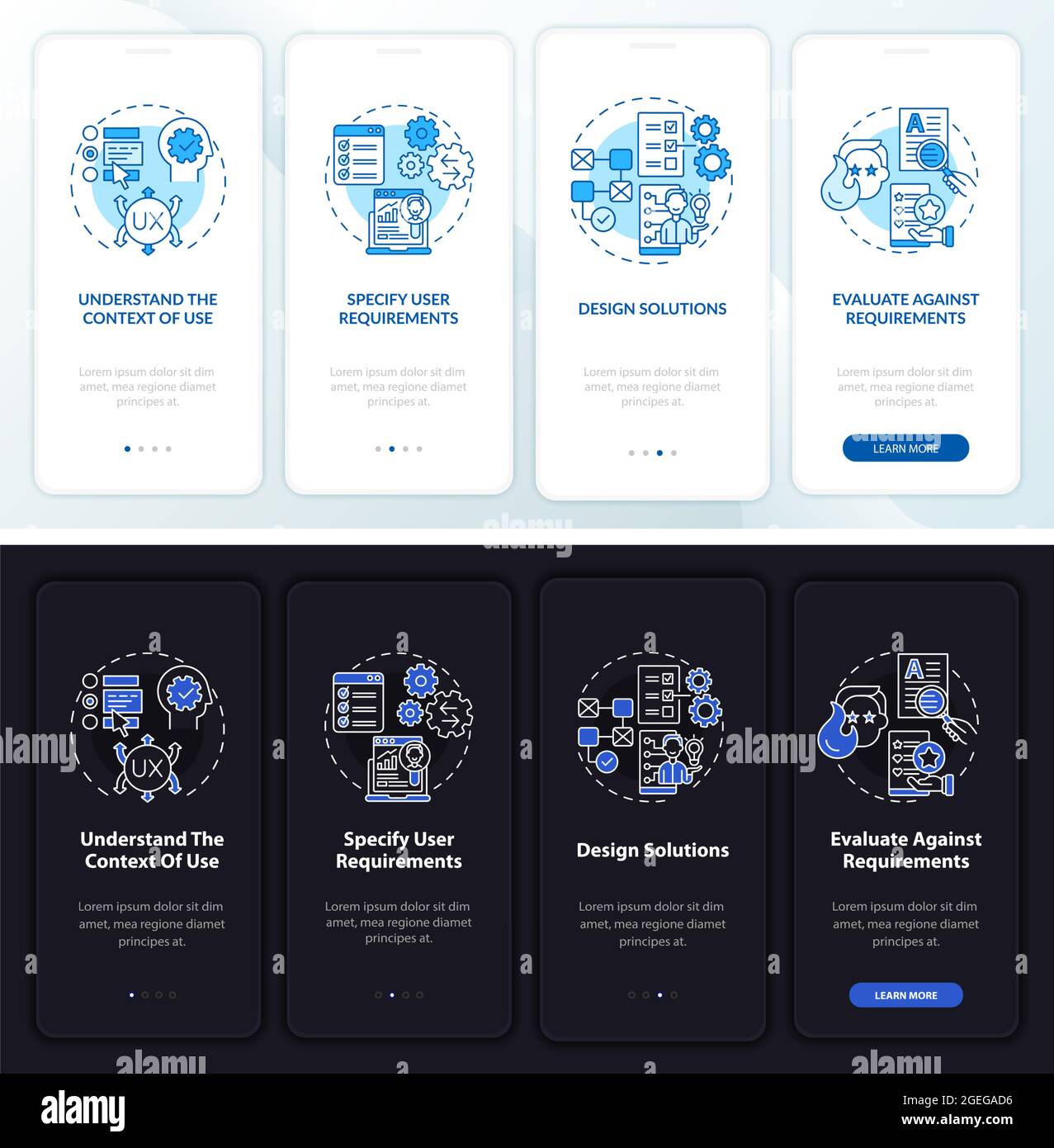 UCD process onboarding mobile app page screen Stock Vector