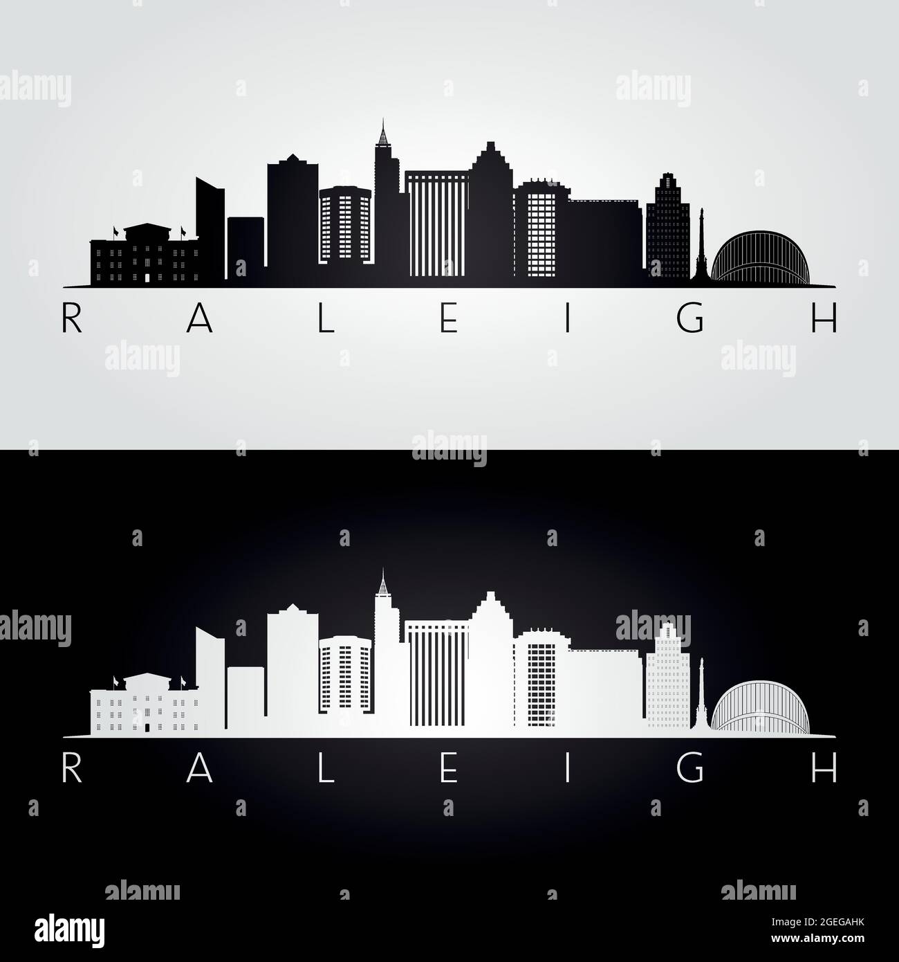 Raleigh USA skyline and landmarks silhouette, black and white design, vector illustration. Stock Vector