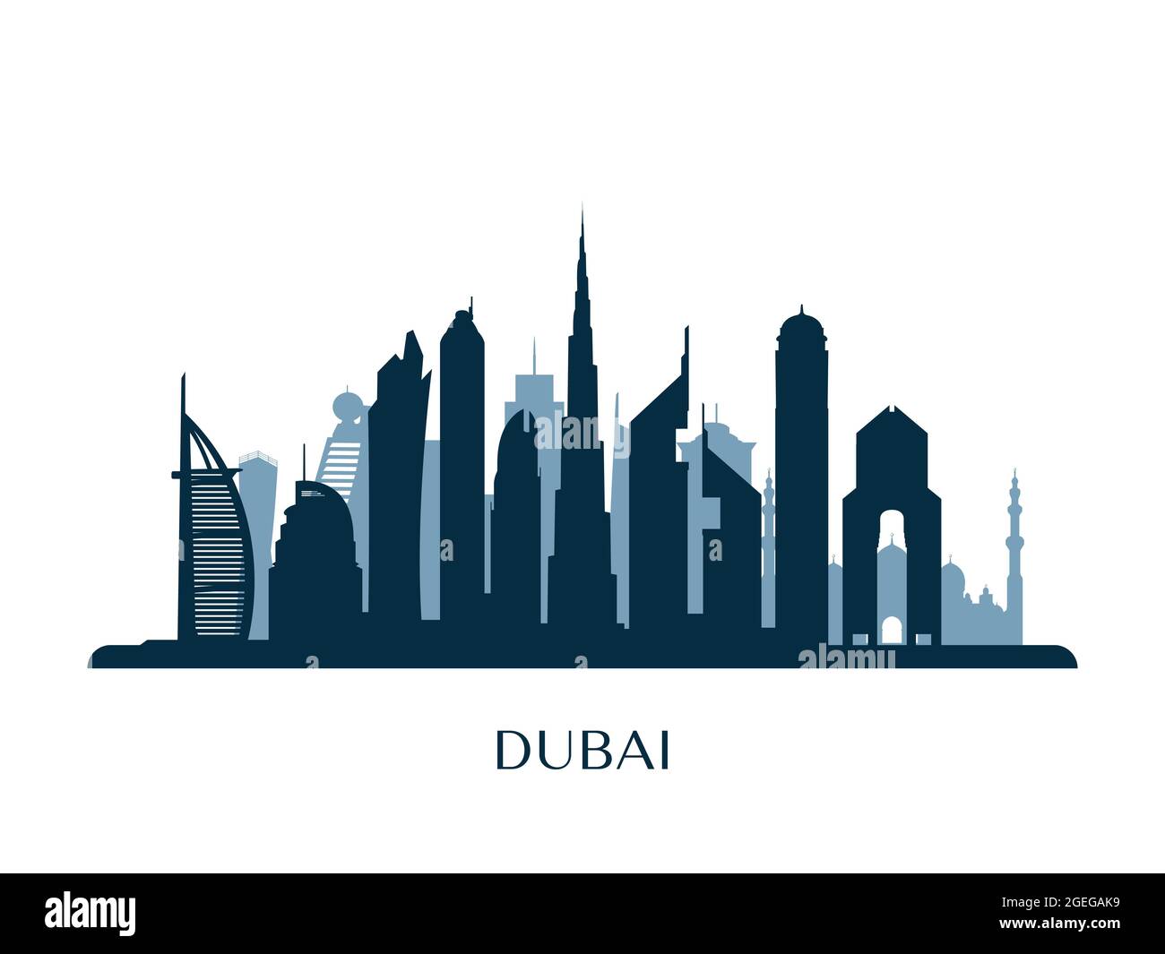 Dubai skyline, monochrome silhouette. Vector illustration. Stock Vector
