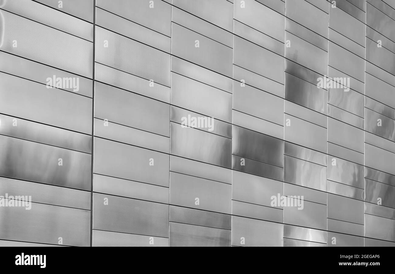 Black and white close up picture of a building facade, urban abstract background, USA. Stock Photo
