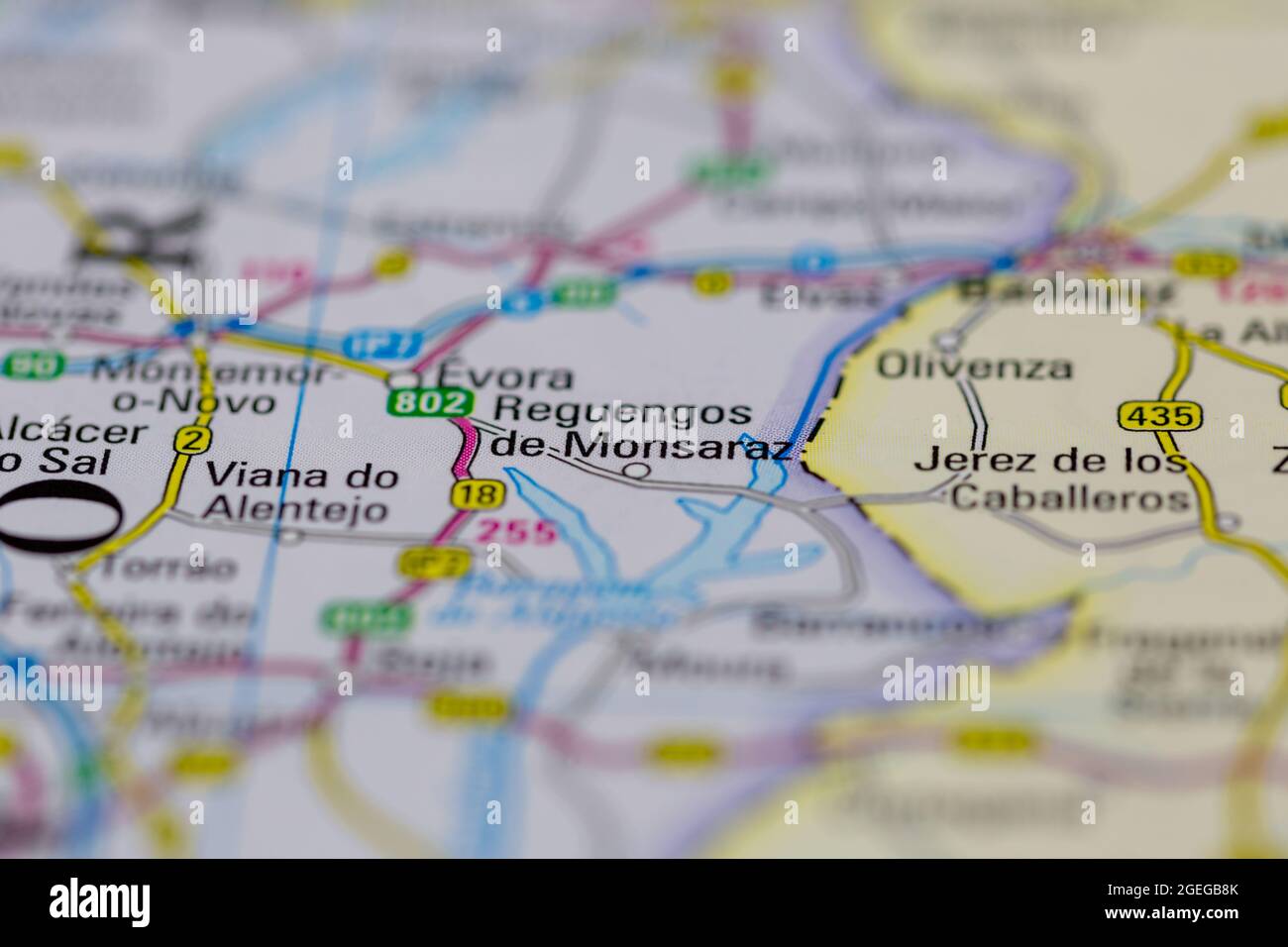 Reguengos de Monsaraz Portugal shown on a road map or Geography map Stock Photo