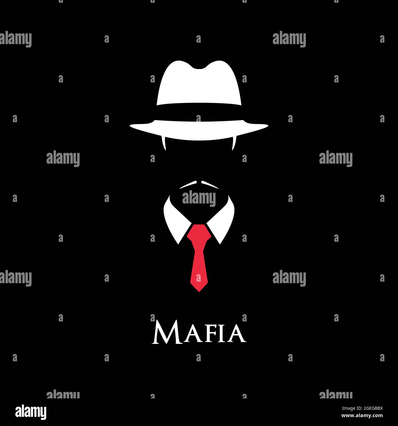 White Silhouette of an Italian Mafia with a red tie on a black background. Stock Vector
