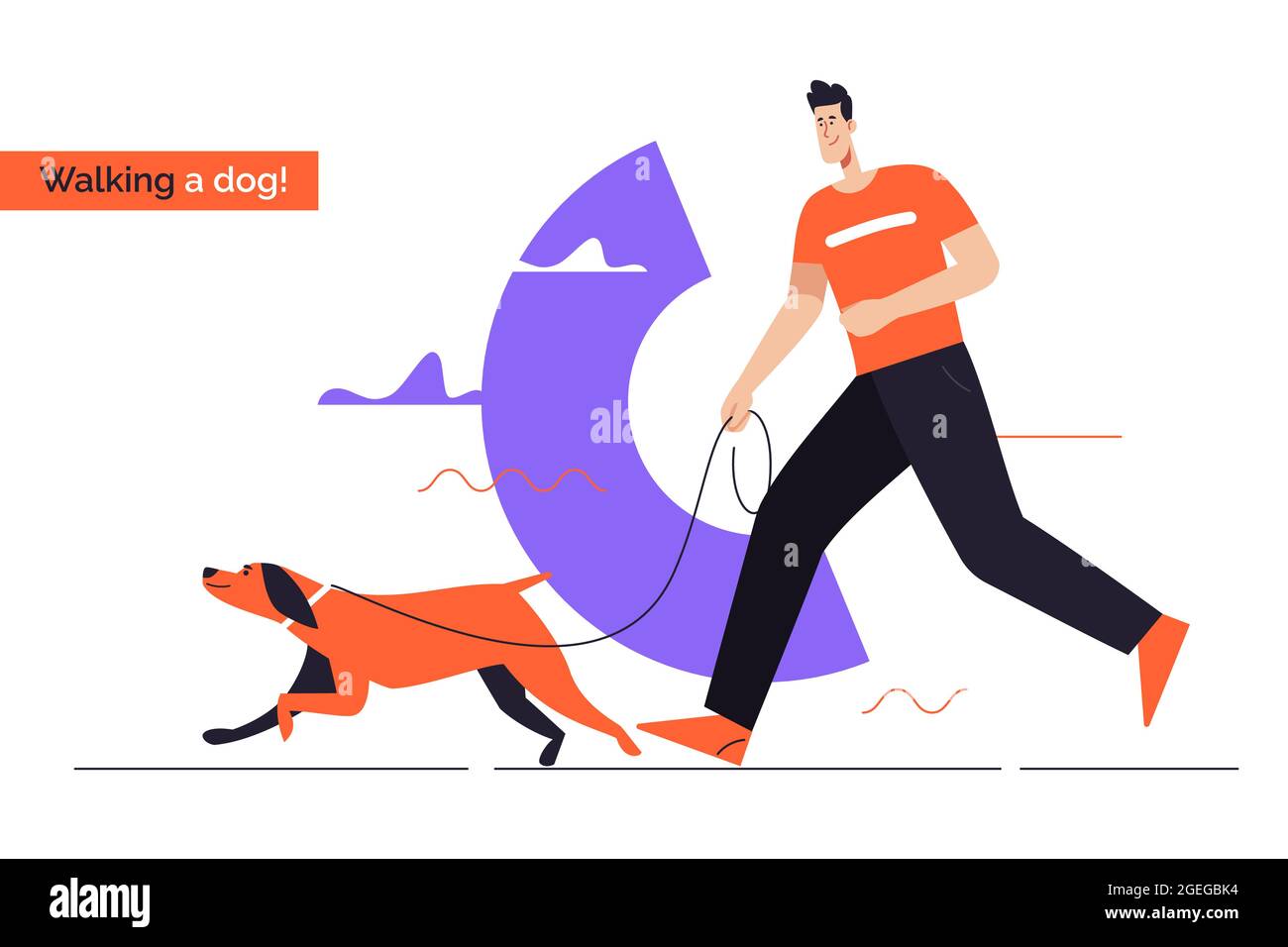 Young smiling man running a dog on a leash. Flat style outline vector ...