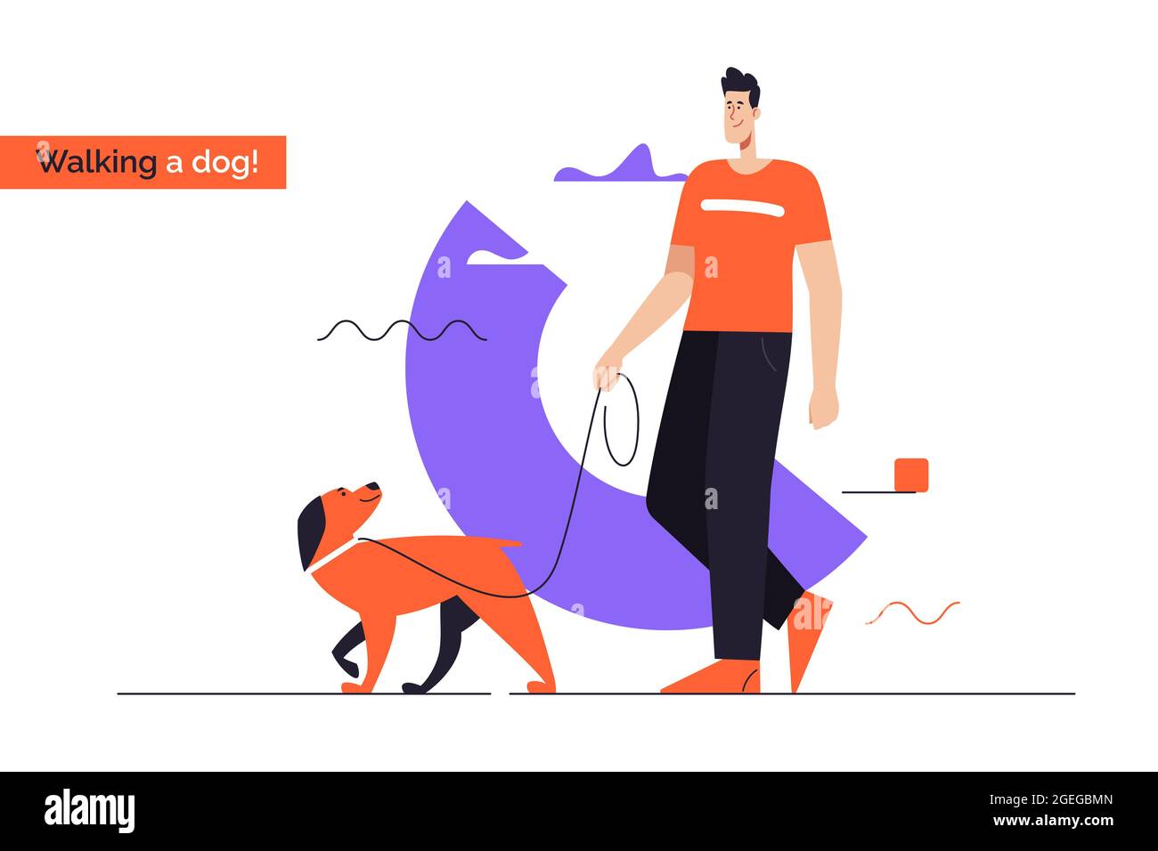 Young smiling man walking a dog on a leash. Flat style outline vector ...