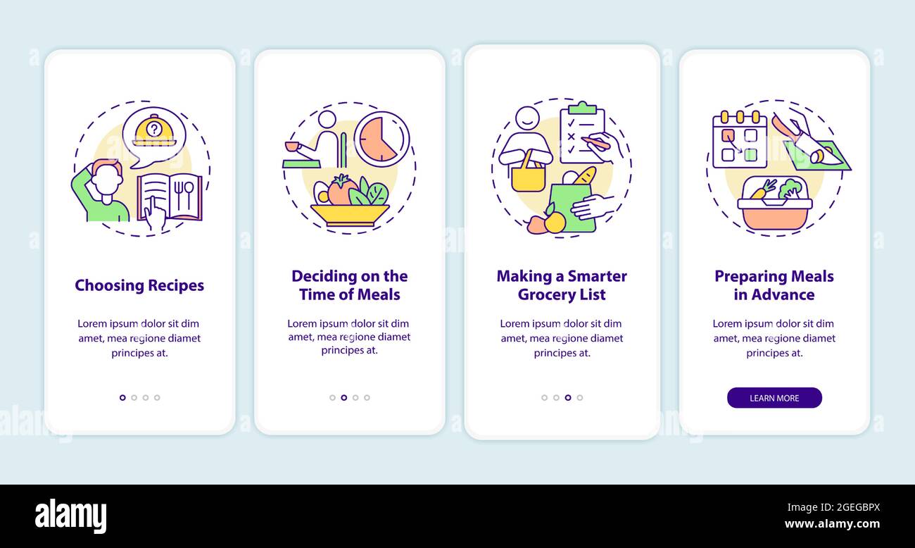 Meal planning basics onboarding mobile app page screen Stock Vector