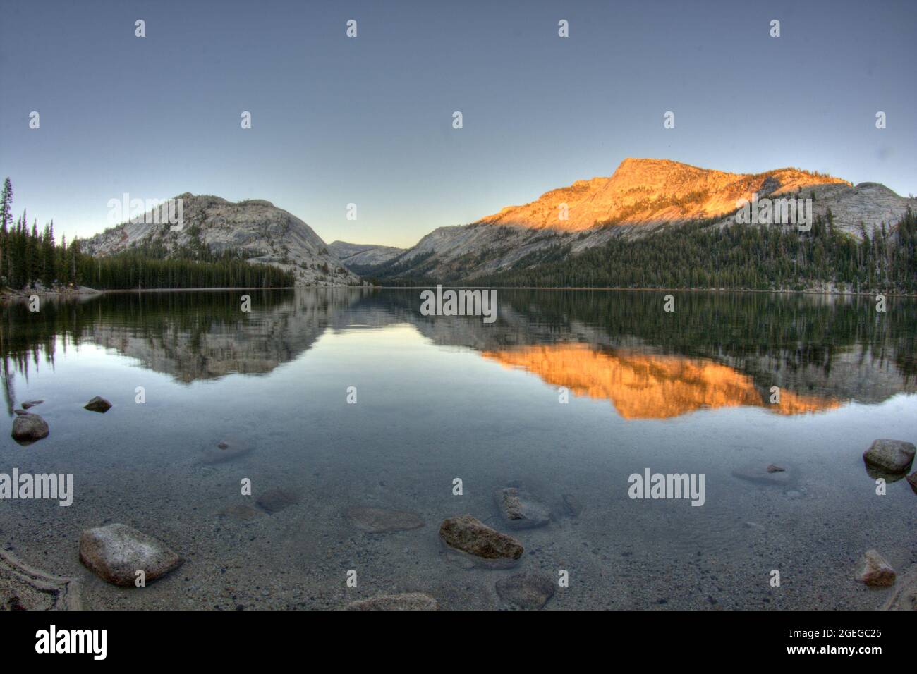 Beautiful view of the reflection of the mountains to the lake in the Yosemite National Park, USA Stock Photo