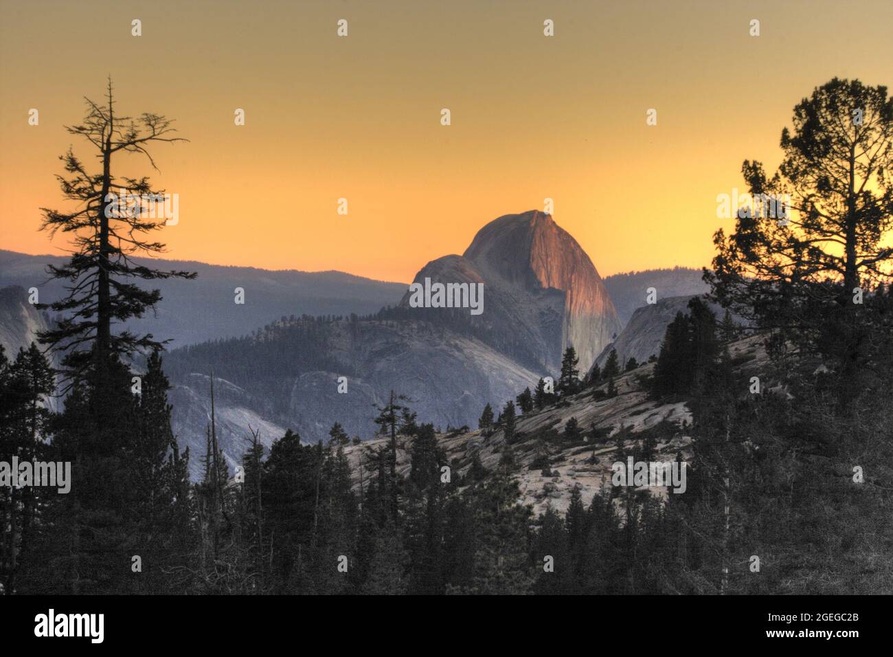 Beautiful shot of mountains on sunset sky background in Yosemite National Park, USA Stock Photo