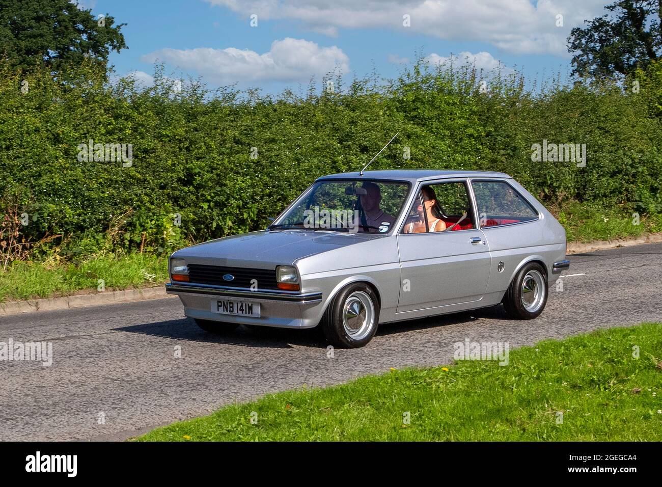 A front view of 1981 1980s 80s Petrol Silver Ford Fiesta L Hatchback vintage classic car retro driver vehicle automobile Stock Photo