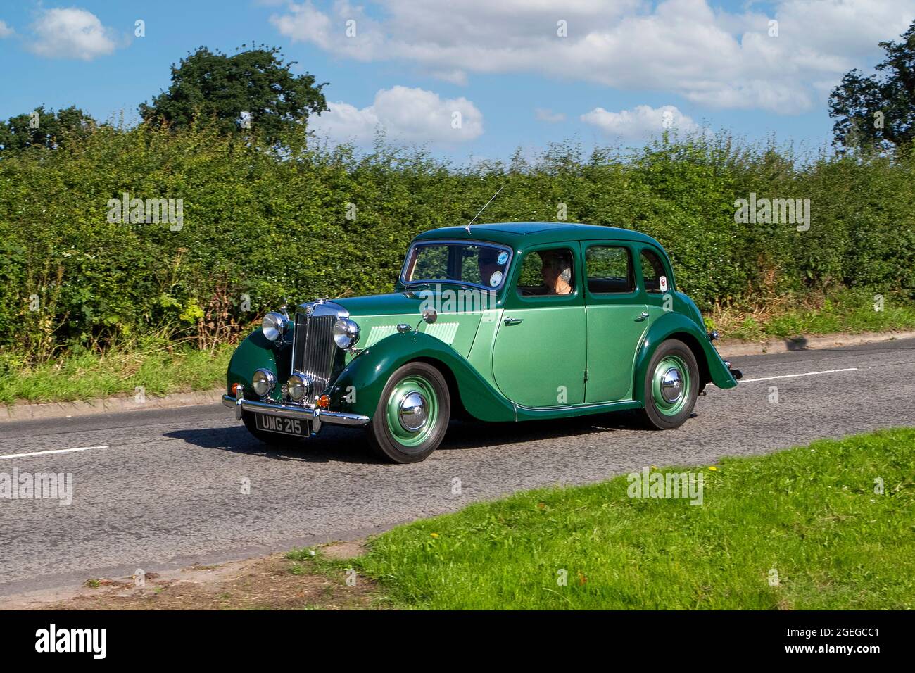 A front view of 1951 50s green MG YA vintage 125cc classic sedan car retro driver vehicle automobile Stock Photo