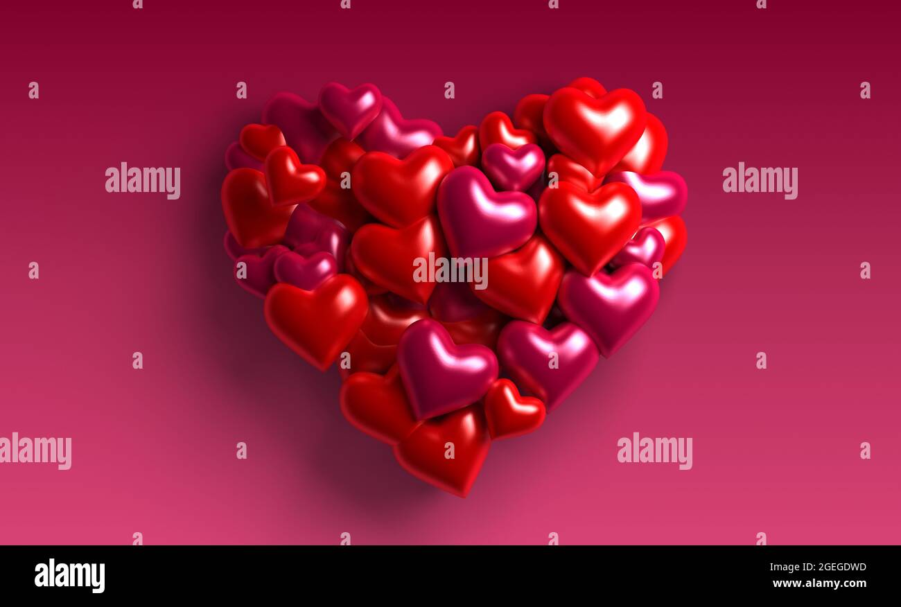 Realistic 3D Colorful Romantic Valentine Hearts in Red Background. 3d rendering Stock Photo