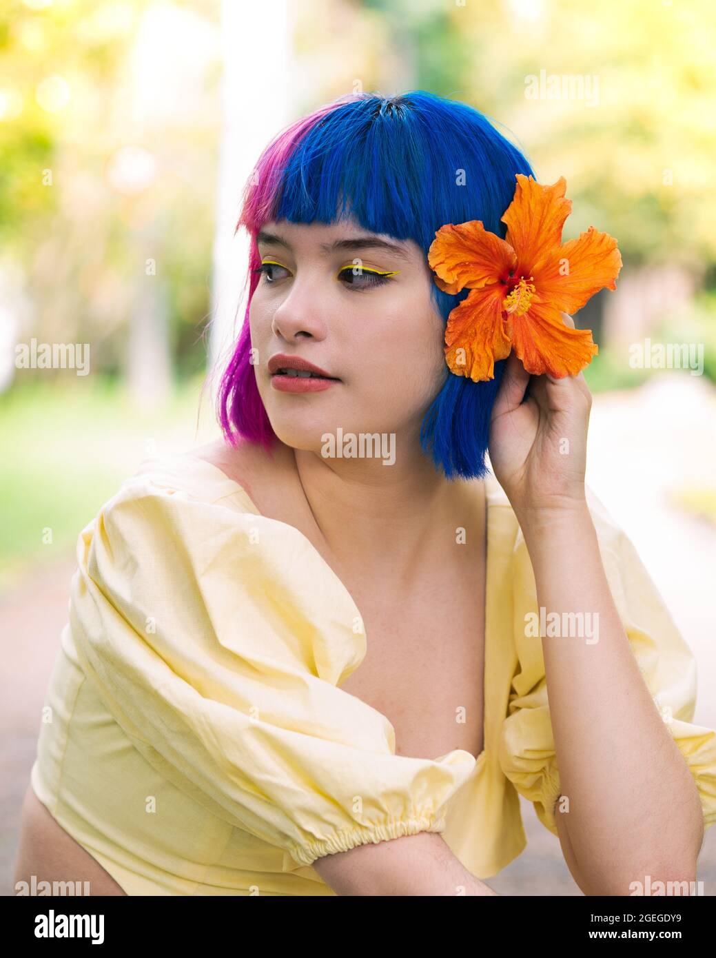 Pretty Hispanic lady posing with a yellow flower on the blue side of ...