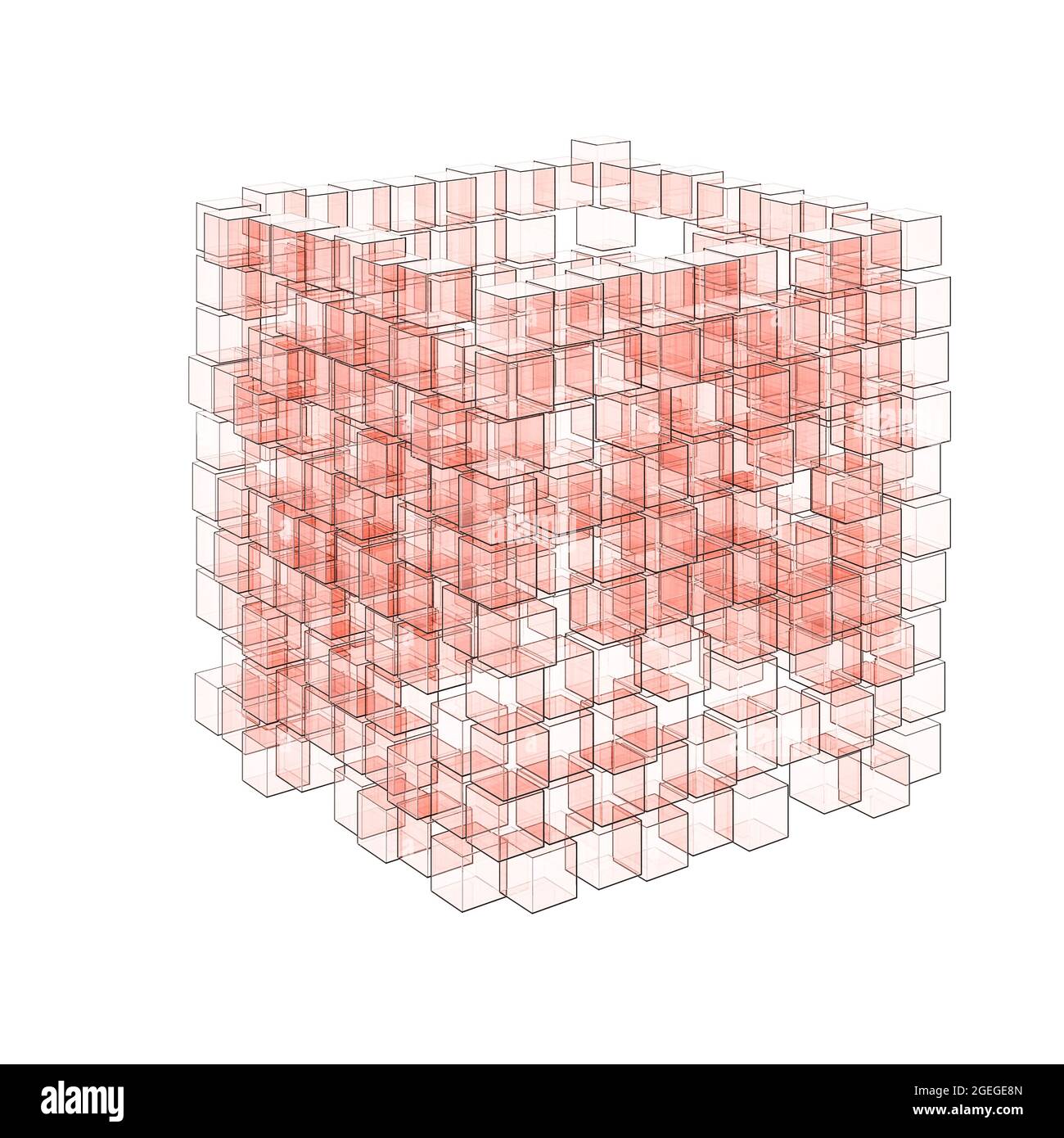 A cube of red glass cubes abstract image. Some cubes displaced. Reflection, neutral background. Data cube or architecture concept. Stock Photo