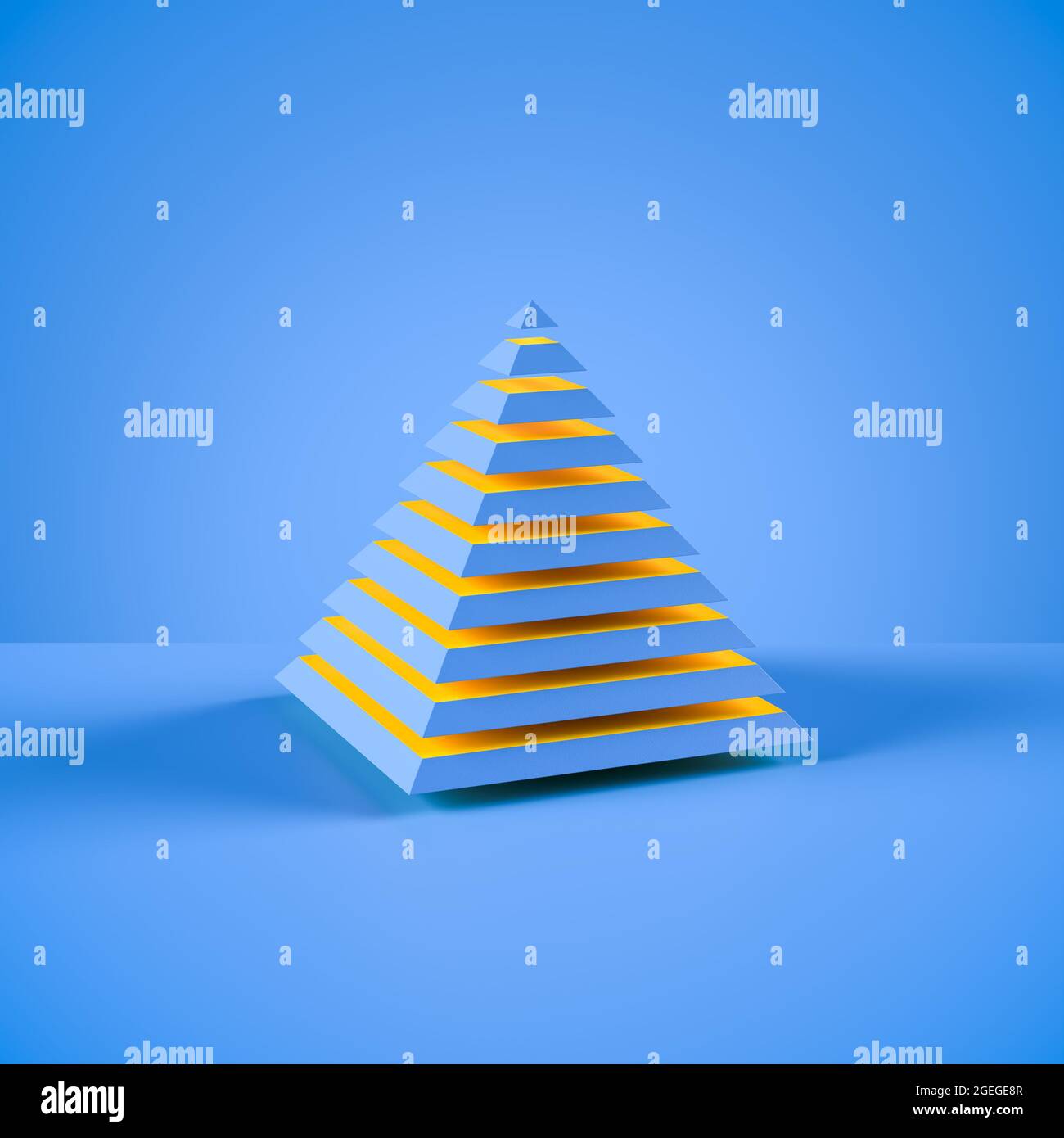 Abstract image of a blue pyramid cut into pieces with yellow inner surfaces. Strict hierarchy concept. Blue background. Stock Photo