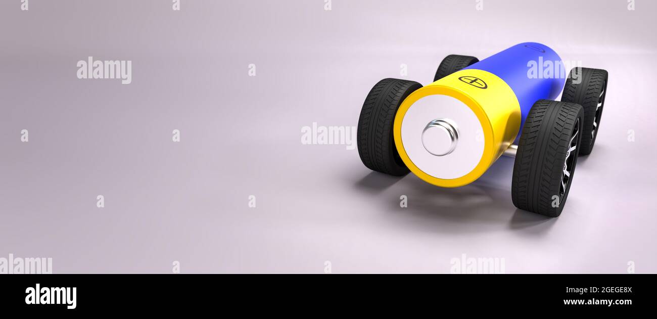 Electric vehicle concept - a battery on wheels. Wide angle perspective - Web banner format. Stock Photo