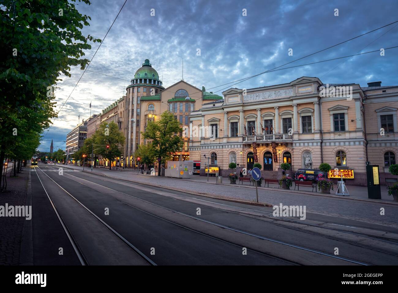 Mannerheimintie Street at sunset - Helsinki main street at city centre - Helsinki, Finland Stock Photo