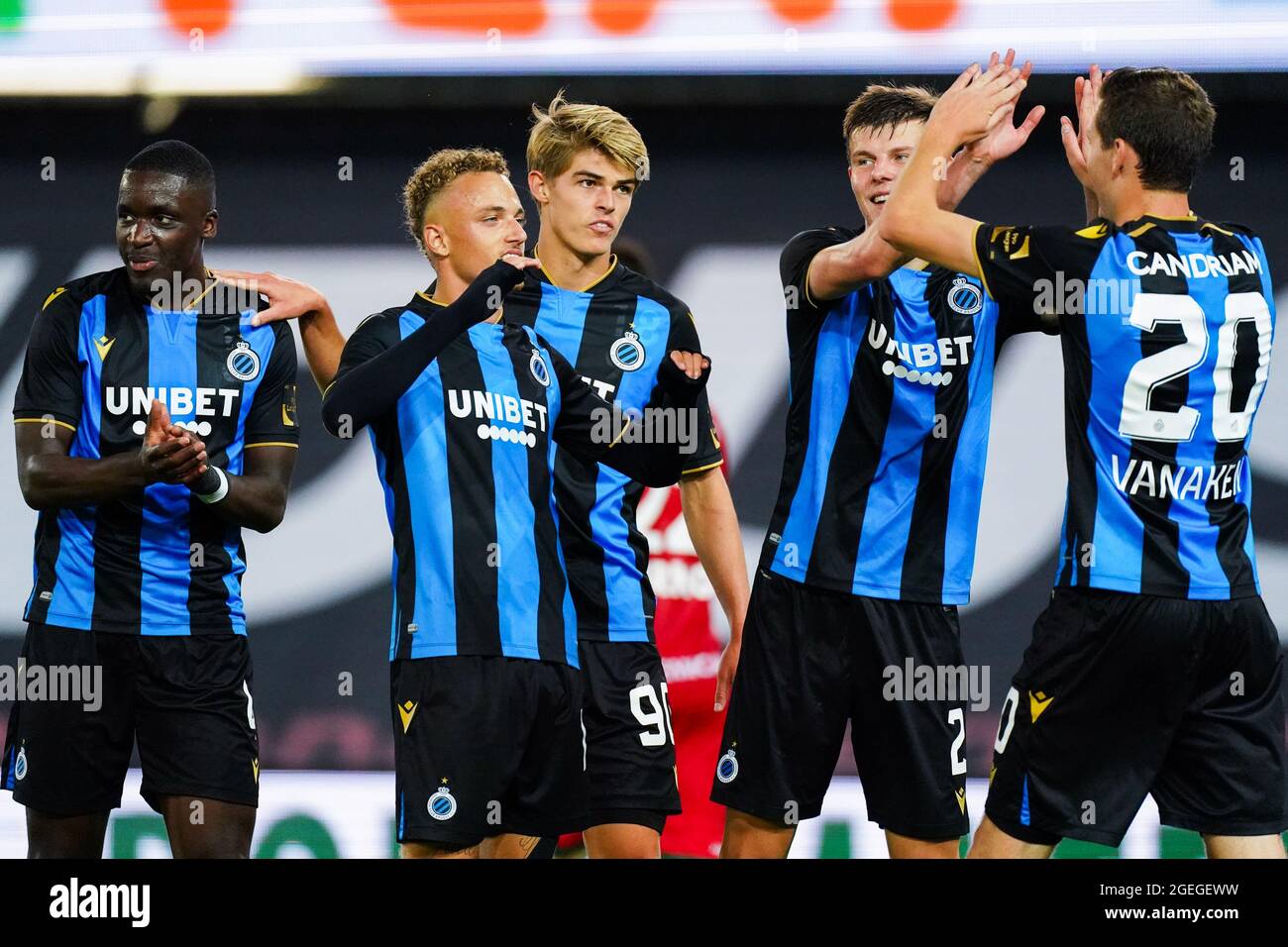 Waregem Belgium August 15 Charles De Ketelaere Of Club Brugge Celebrates After Scoring His Sides Third Goal With Hans Vanaken Of Club Brugge Eduard Sobol Of Club Brugge Noa Lang Of