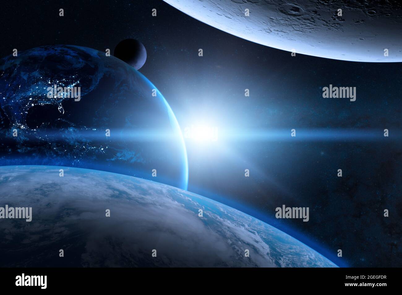 Earth in the outer space with beautiful planet. Blue sunrise. Elements ...