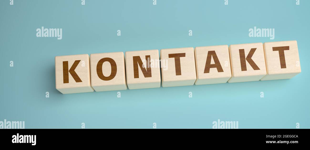 'Kontakt' web banner - the German word Kontakt built from letters on wooden cubes for the use as a web banner. Stock Photo