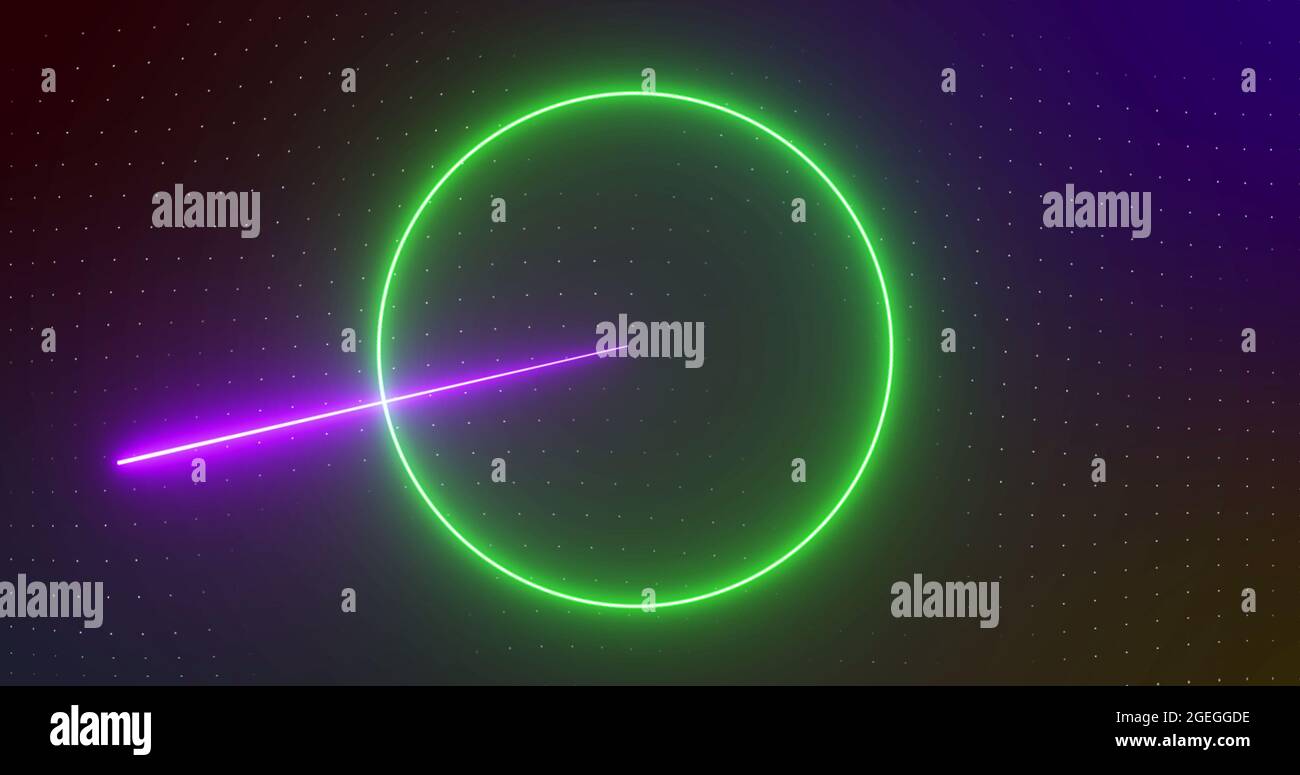 Image of rotating yellow, orange, green neon shapes with pink and blue lasers, on black Stock Photo