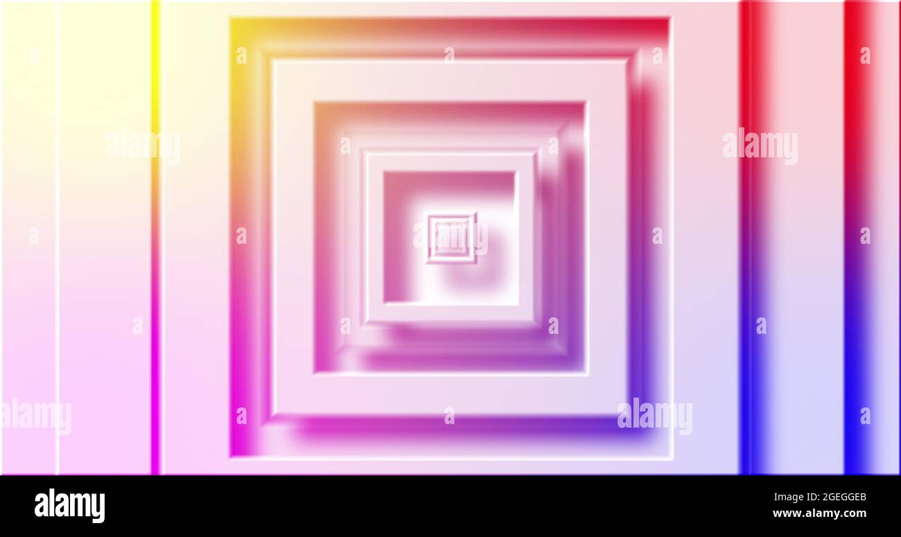 Image of rainbow coloured square layers pulsating on white background Stock Photo