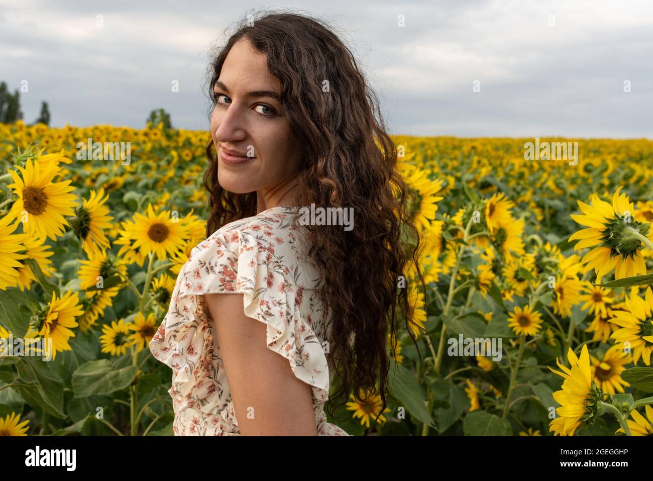 Young woman standing in the middle of a field of sunflowers Stock Photo ...