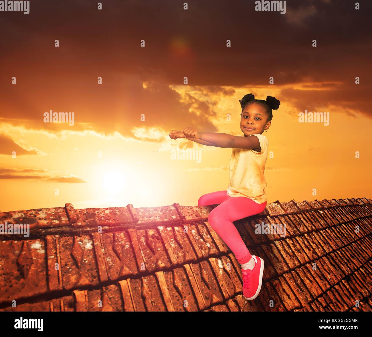 Girl sit on the roof in dream like illustration Stock Photo