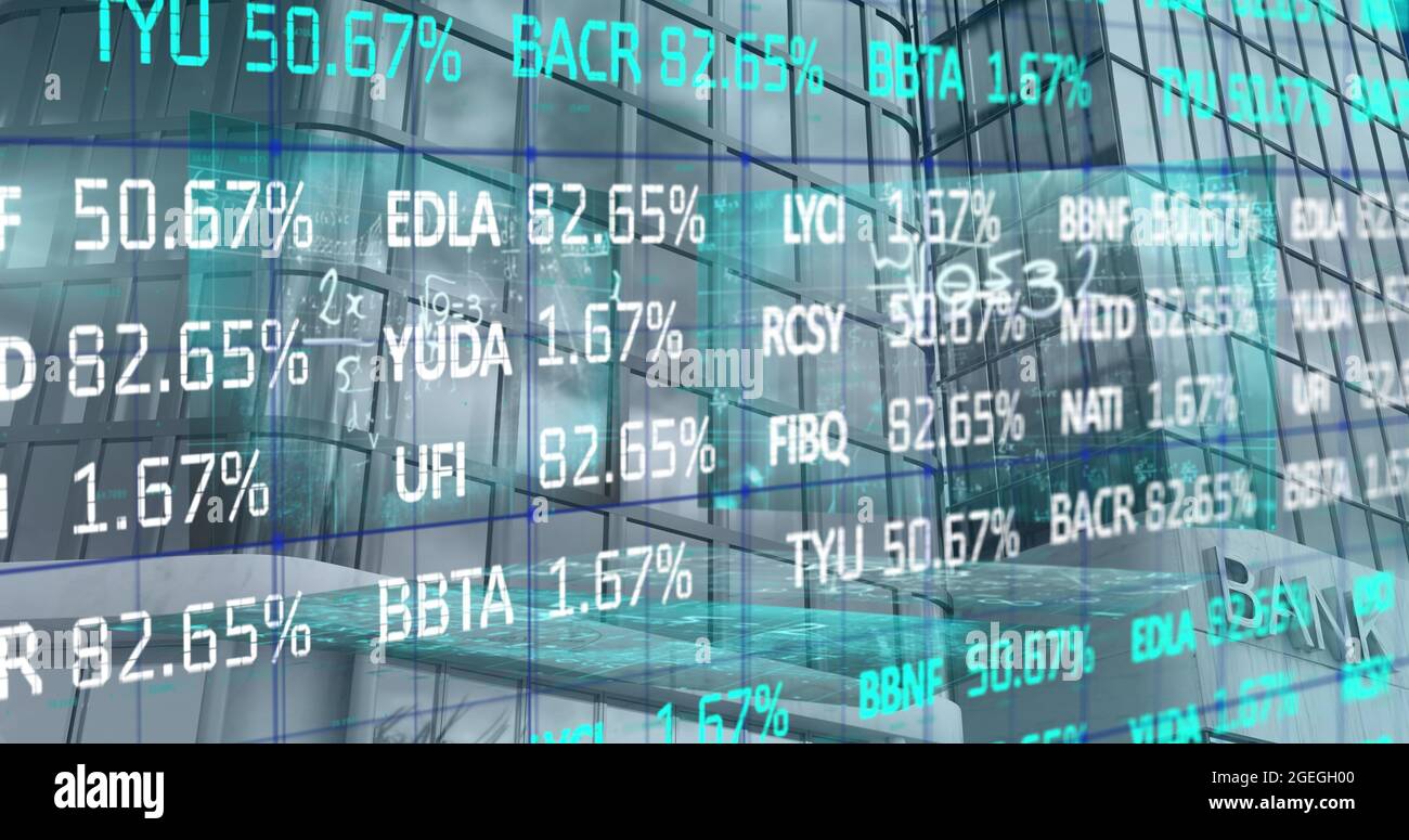Image of financial data processing over modern bank building Stock ...