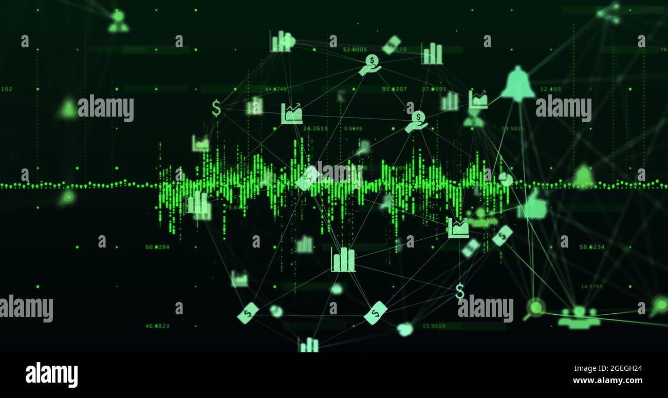 Globe of network of digital icons spinning against data processing ...