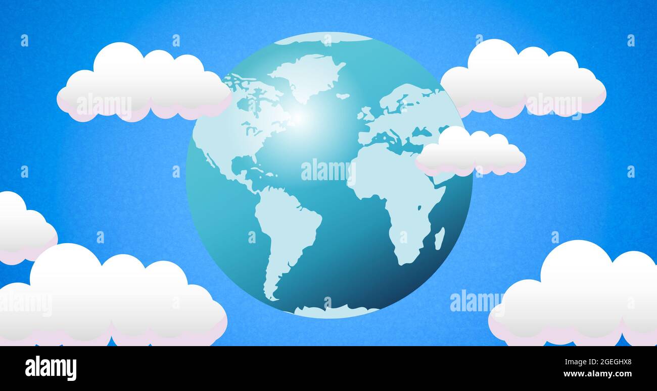 Composition of globe over blue sky and clouds background Stock Photo