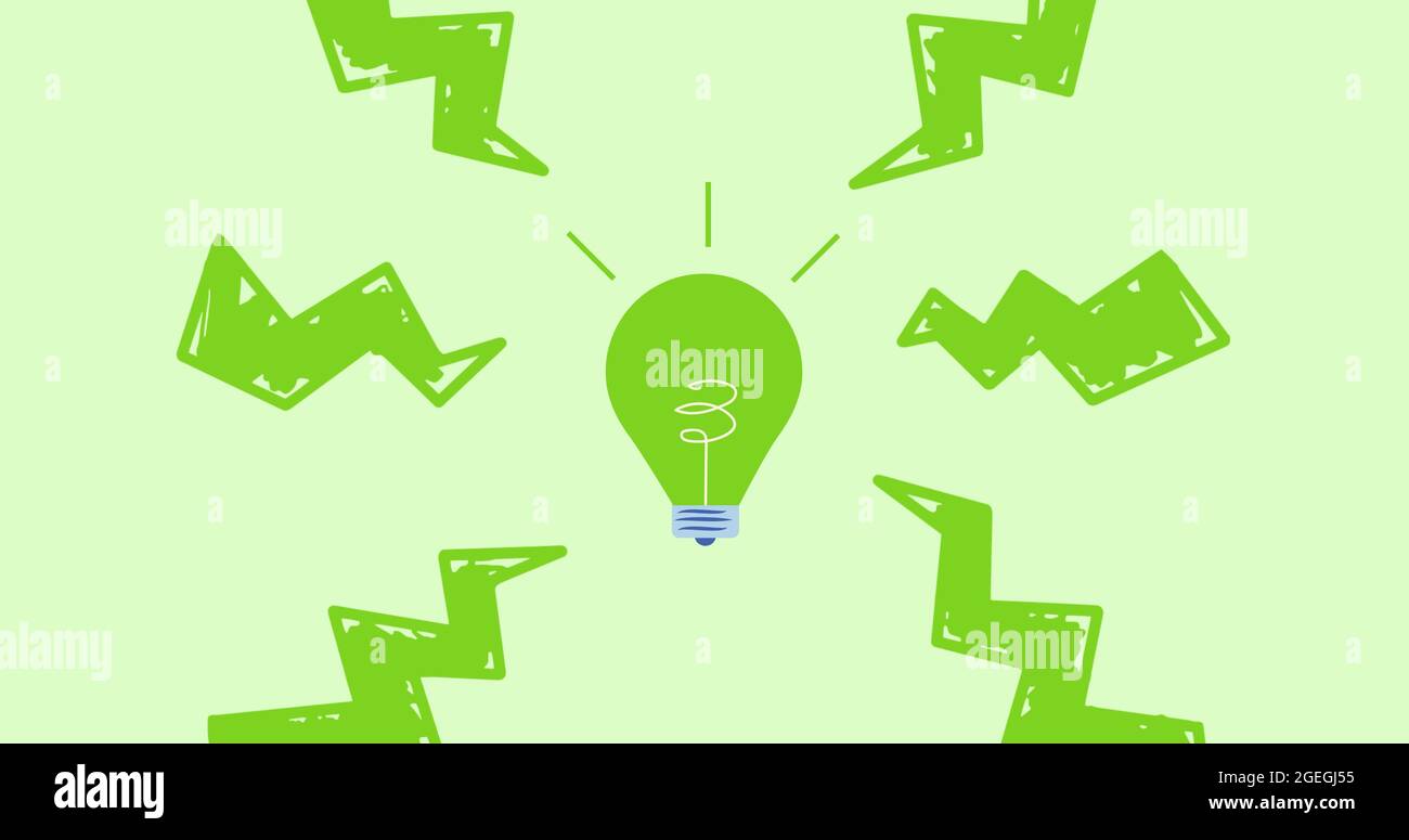 Composition of green light bulb and electricity bolts over green