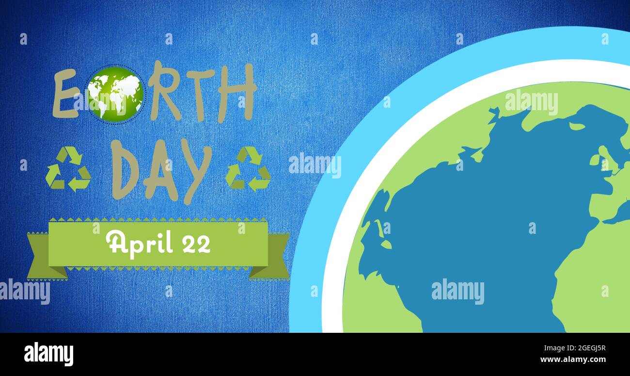 Composition of earth day text and globe on blue background Stock Photo