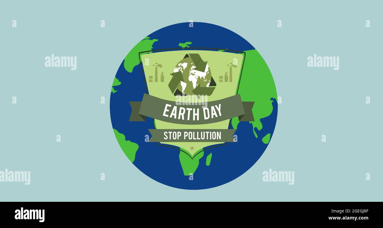Composition of earth day text and global recycling logo over globe on