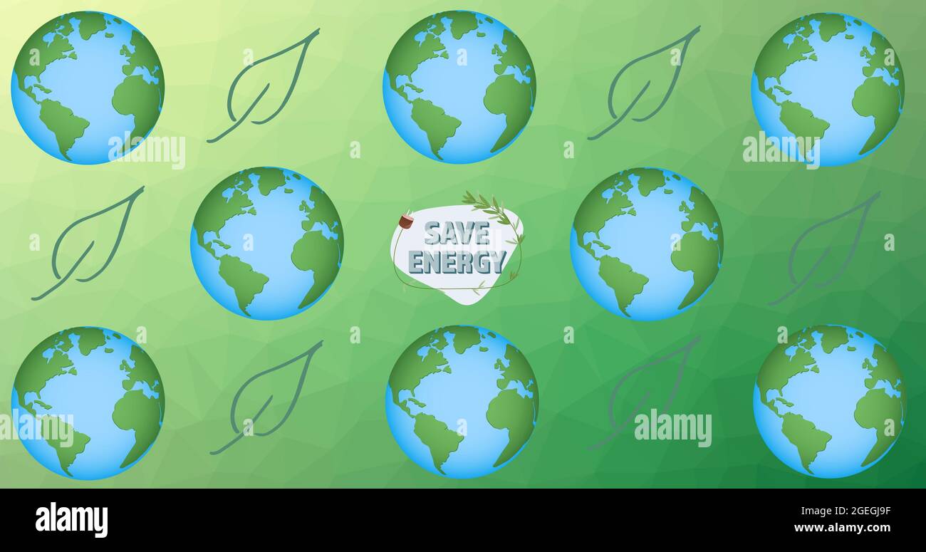 Composition of save energy text, with leaf logos and globes on green background Stock Photo