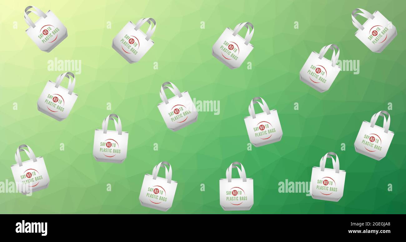 Composition of shopping bags with anti plastic text and globe logos repeated over green background Stock Photo