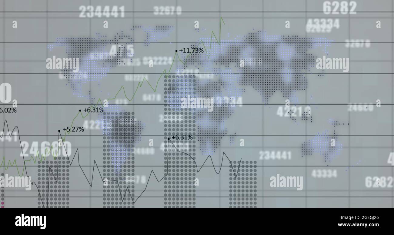 Image of financial data processing and numbers changing over world map ...