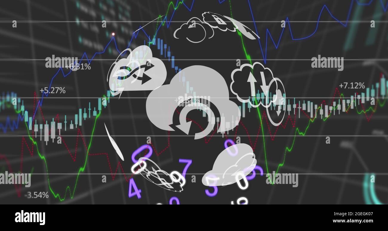 Digital image of globe of digital icons and multiple changing numbers ...