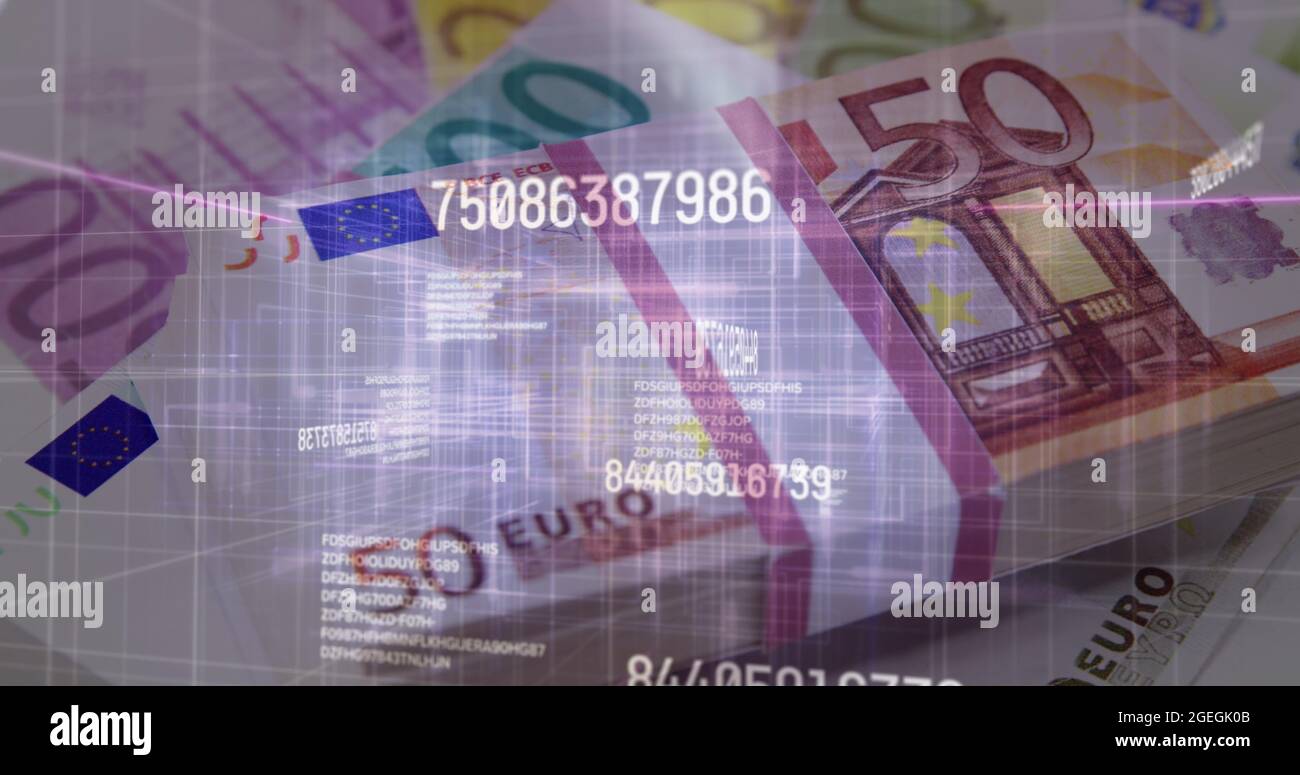 Digital composition of multiple changing numbers and light trails moving against euro bills in backg Stock Photo