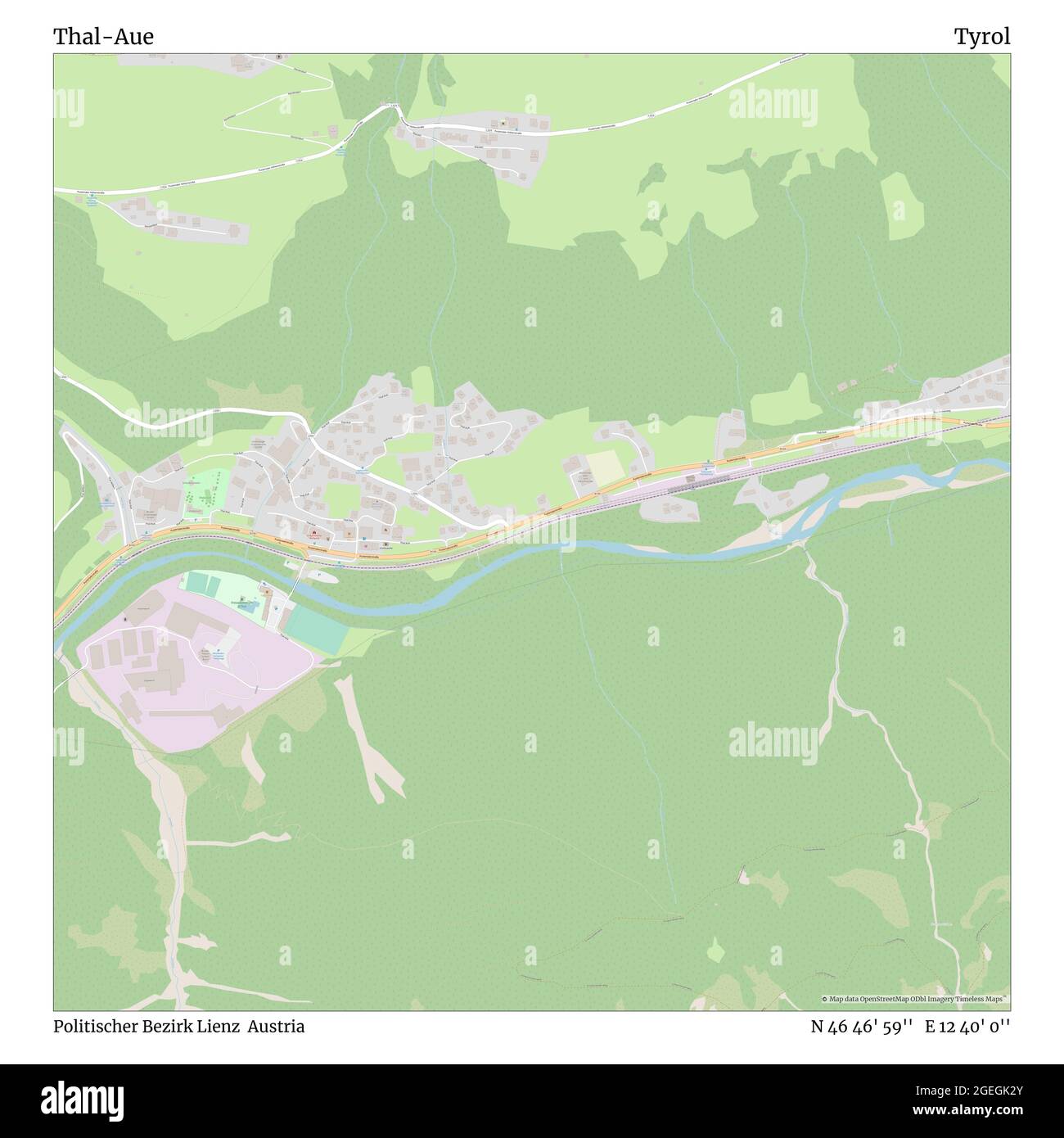 Thal-Aue, Politischer Bezirk Lienz, Austria, Tyrol, N 46 46' 59'', E 12 40' 0'', map, Timeless Map published in 2021. Travelers, explorers and adventurers like Florence Nightingale, David Livingstone, Ernest Shackleton, Lewis and Clark and Sherlock Holmes relied on maps to plan travels to the world's most remote corners, Timeless Maps is mapping most locations on the globe, showing the achievement of great dreams Stock Photo