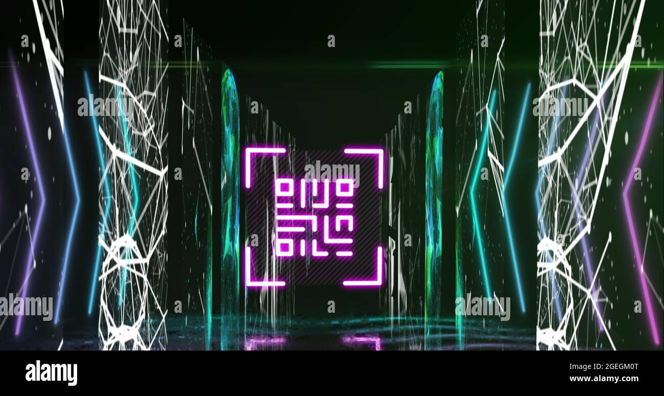 QR code scanner with neon elements against screens of networks of ...
