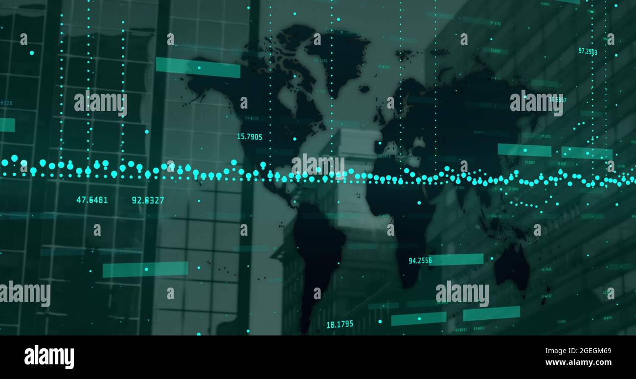 Image of financial data processing over world map and modern office ...