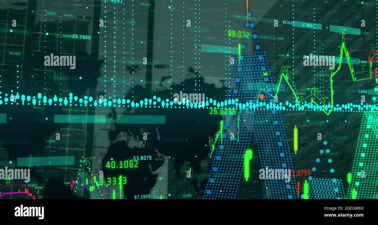 Image of financial data processing over world map and modern office ...