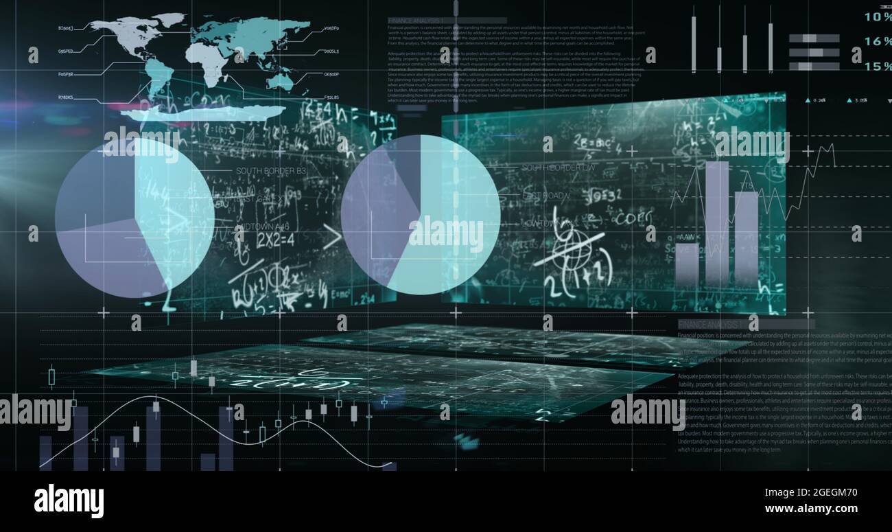 Image of statistics processing and financial data on screens over world ...