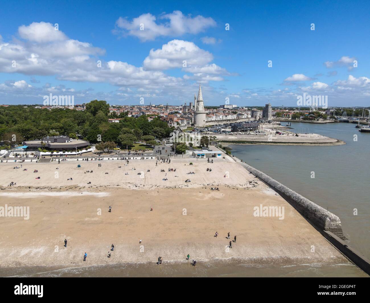 La Rochelle (central eastern France): aerial view of the beach “plage de la Concurrence”. In the background, the towers and the town centre Stock Photo