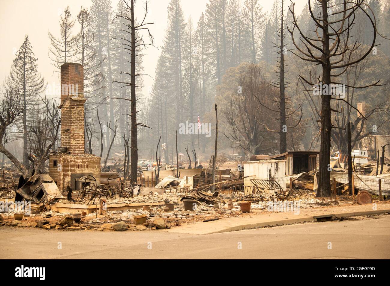 Greenville, USA. 19th Aug, 2021. The Greenville town destroyed by Dixie Fire is seen in Northern California, the United States, Aug. 19, 2021. The Dixie Fire, California's second-largest in history which has been active for more than a month, swelled more than 60,000 acres in two days. Credit: Dong Xudong/Xinhua/Alamy Live News Stock Photo