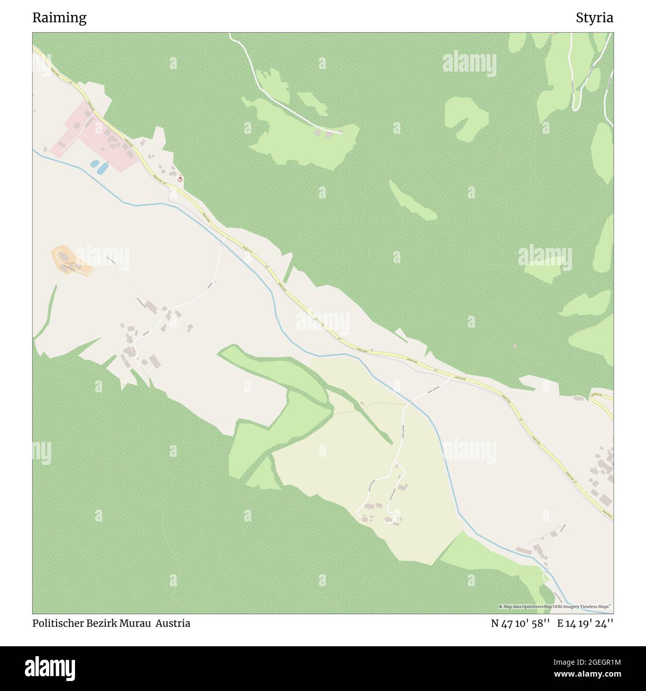 Raiming, Politischer Bezirk Murau, Austria, Styria, N 47 10' 58'', E 14 19' 24'', map, Timeless Map published in 2021. Travelers, explorers and adventurers like Florence Nightingale, David Livingstone, Ernest Shackleton, Lewis and Clark and Sherlock Holmes relied on maps to plan travels to the world's most remote corners, Timeless Maps is mapping most locations on the globe, showing the achievement of great dreams Stock Photo
