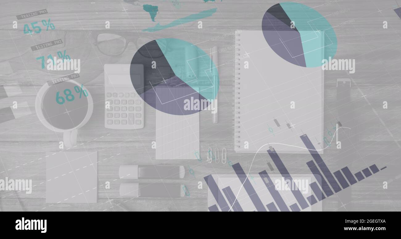 Digital composite image of statistical data processing against office ...