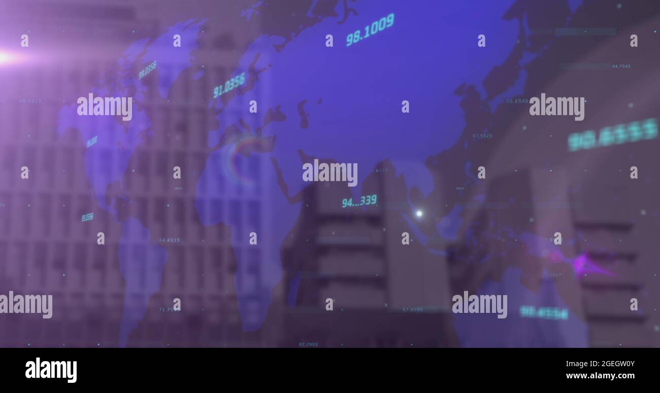 Multiple numbers floating over world map against tall buildings in background Stock Photo